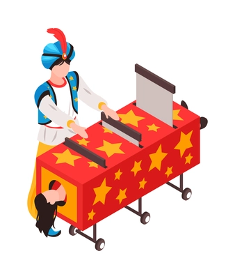 Isometric magician showing tricks focuses composition with character of oriental magician cutting box with female assistant vector illustration