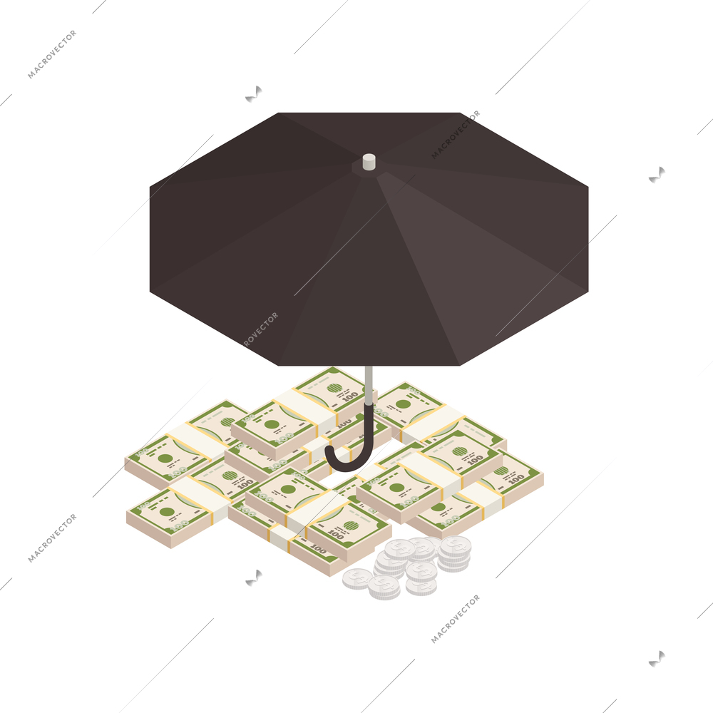 Wealth management isometric composition with stacks of banknotes and silver coins lying under black umbrella vector illustration