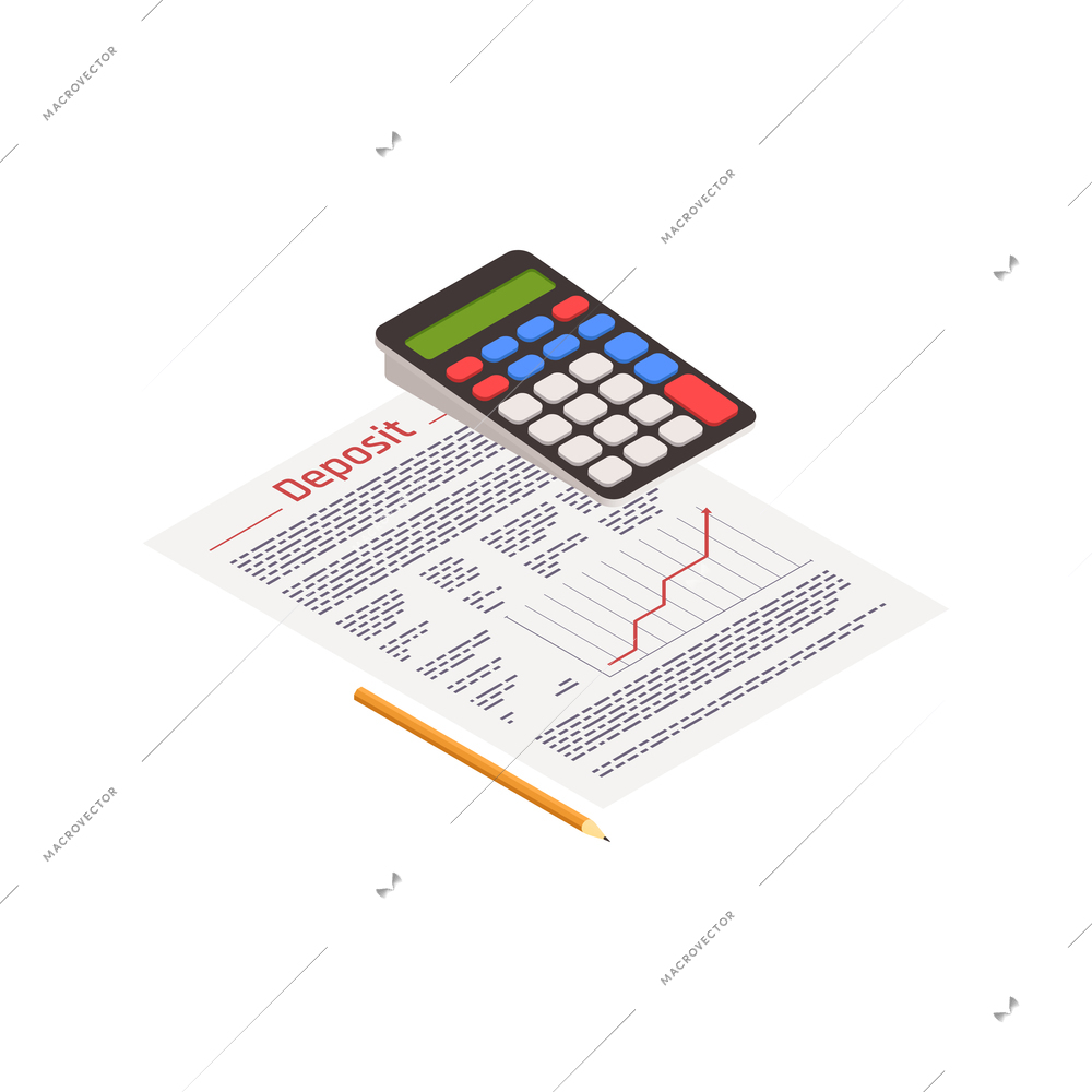 Wealth management isometric composition with images of paper sheet graphs and pencil with calculator vector illustration