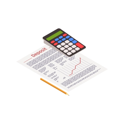 Wealth management isometric composition with images of paper sheet graphs and pencil with calculator vector illustration