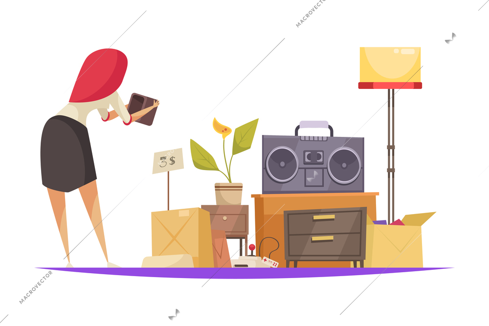 Garage sale composition with old fashioned goods with interior elements and female character vector illustration