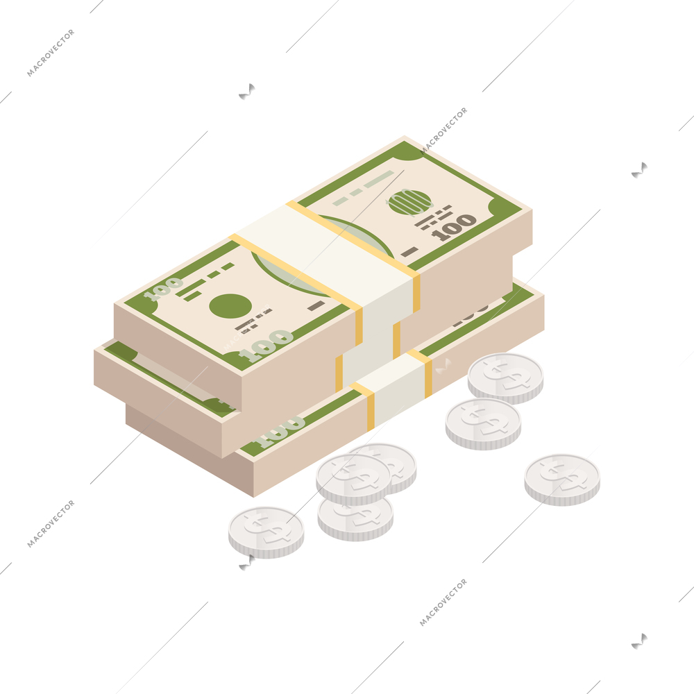 Wealth management isometric composition with images of silver coins and stack of dollar banknotes vector illustration