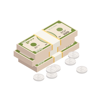 Wealth management isometric composition with images of silver coins and stack of dollar banknotes vector illustration