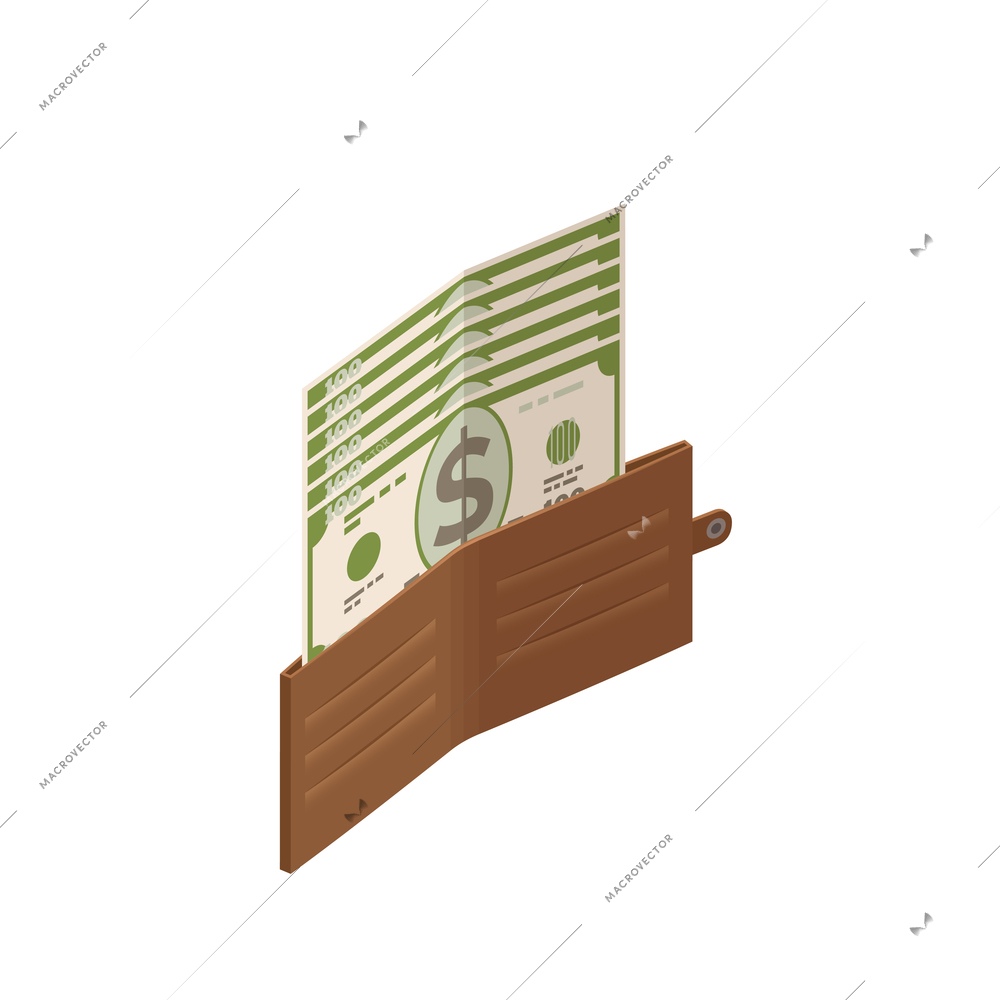 Wealth management isometric composition with isolated image of leather wallet with dollar banknotes vector illustration