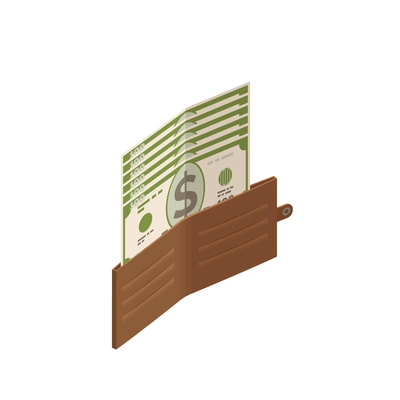 Wealth management isometric composition with isolated image of leather wallet with dollar banknotes vector illustration