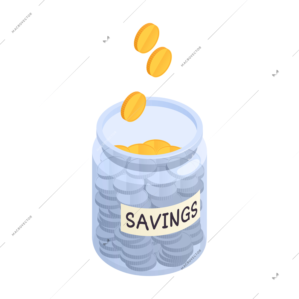 Wealth management isometric composition with isolated image of glass jar with text and falling coins vector illustration