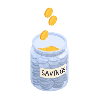 Wealth management isometric composition with isolated image of glass jar with text and falling coins vector illustration