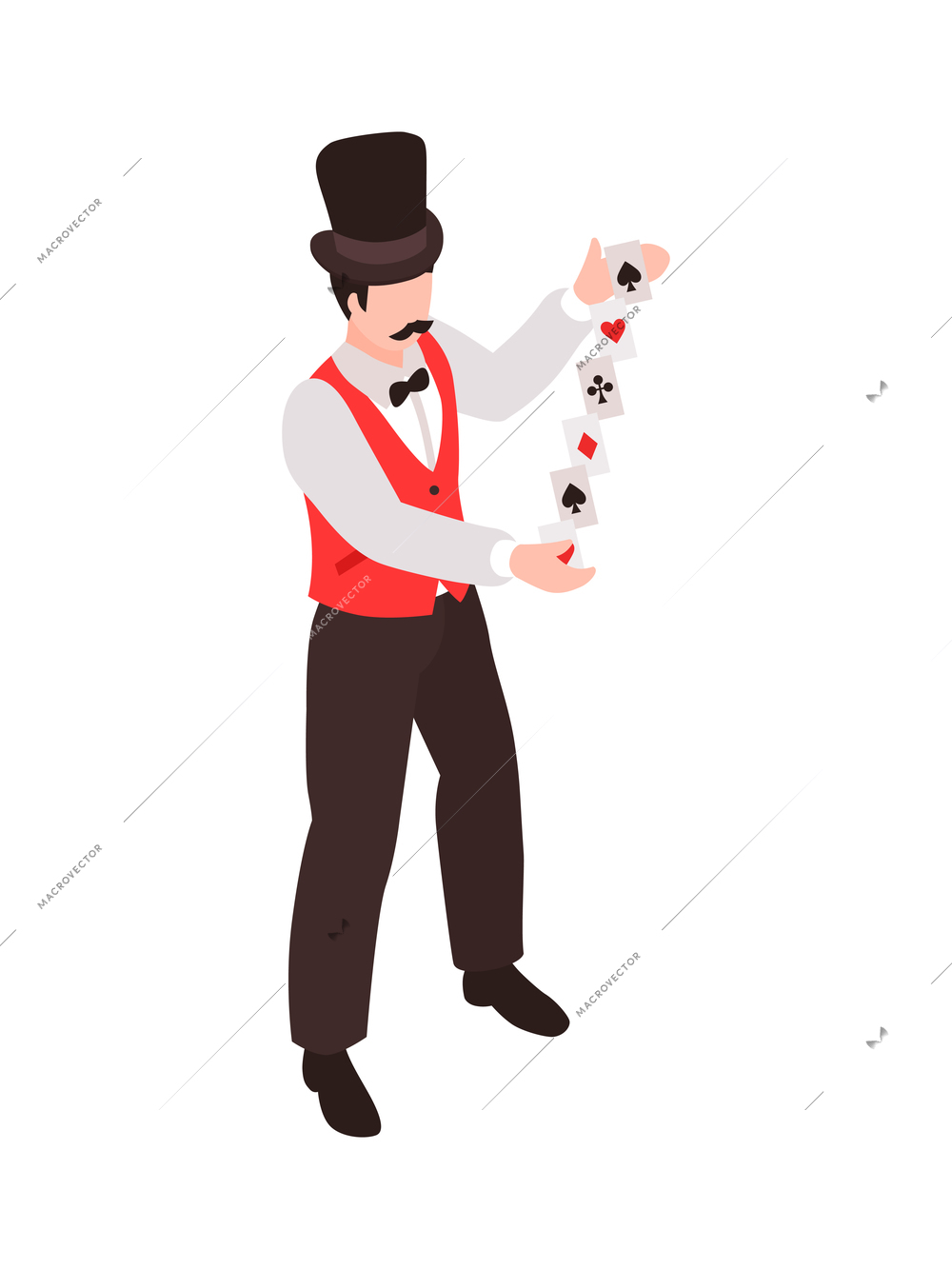 Isometric magician showing tricks focuses composition with human character of magician juggling cards in hands vector illustration