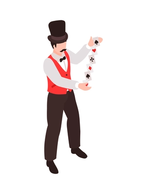 Isometric magician showing tricks focuses composition with human character of magician juggling cards in hands vector illustration