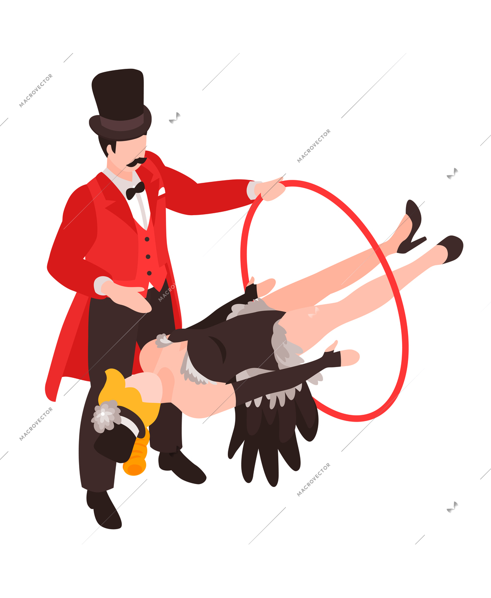 Isometric magician showing tricks focuses composition with human characters of magician and female assistant with hoop vector illustration