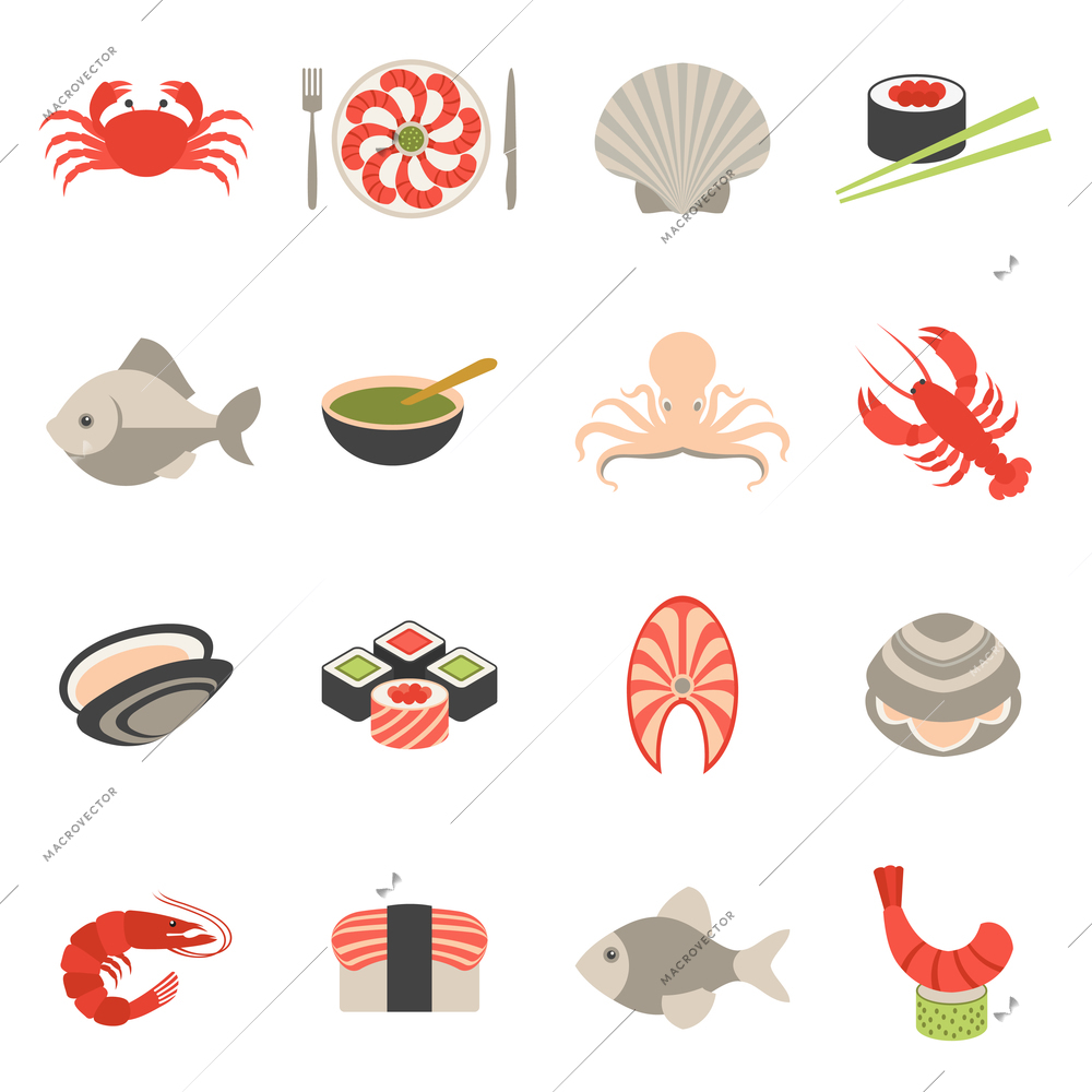 Seafood fish menu restaurant icons set flat with crab shrimps shell roll isolated vector illustration