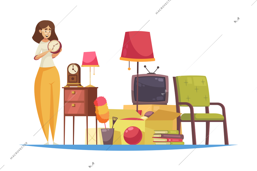 Garage sale composition with doodle style character of woman with clock and pieces of vintage furniture vector illustration