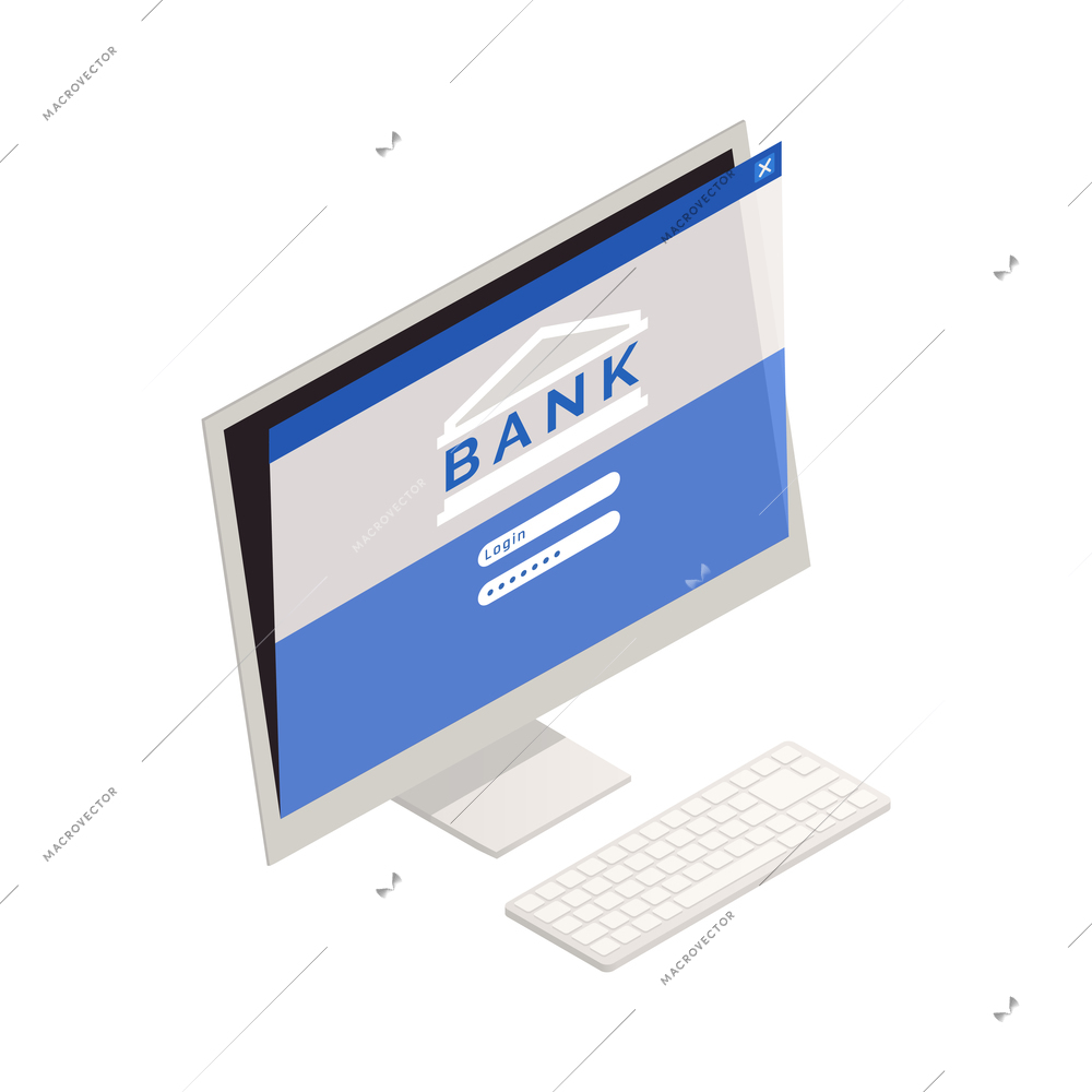 Wealth management isometric composition with isolated image of desktop computer with online banking login page vector illustration