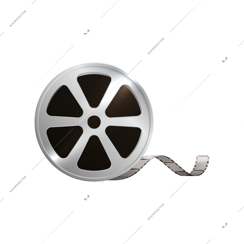 Cinema film production realistic transparent composition with isolated image of circle bobbin with reel vector illustration