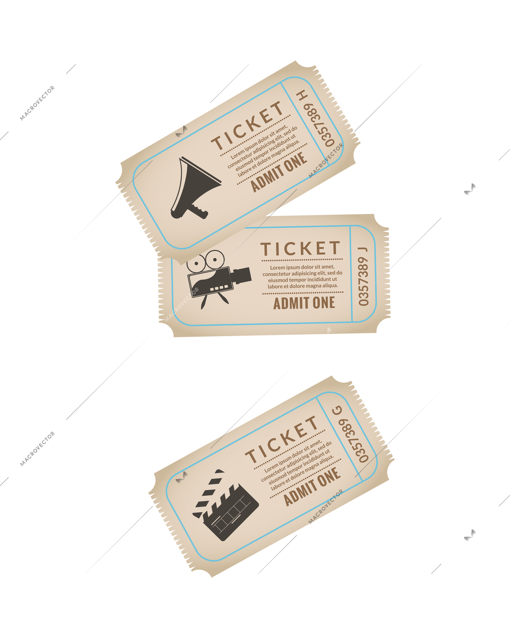 Cinema film production realistic transparent composition with isolated images of vintage style tickets vector illustration