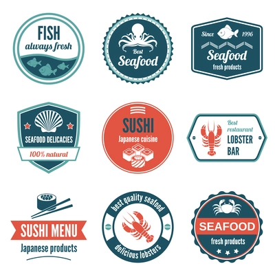 Seafood always fresh fish products delicacies sushi japanese cuisine lobster bar icons set isolated vector illustration.
