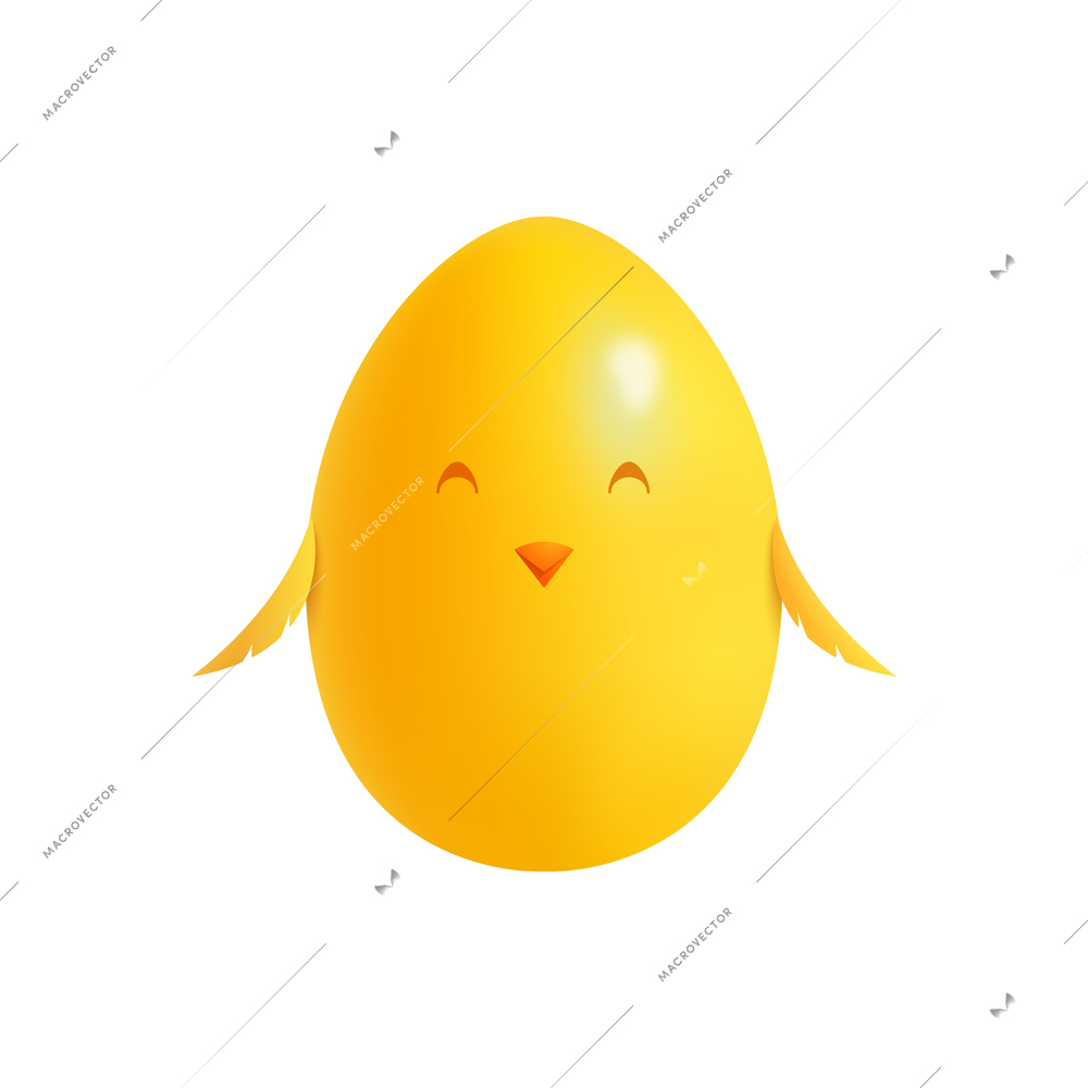 Easter egg realistic composition with isolated image of yellow egg with wings and chicken face vector illustration