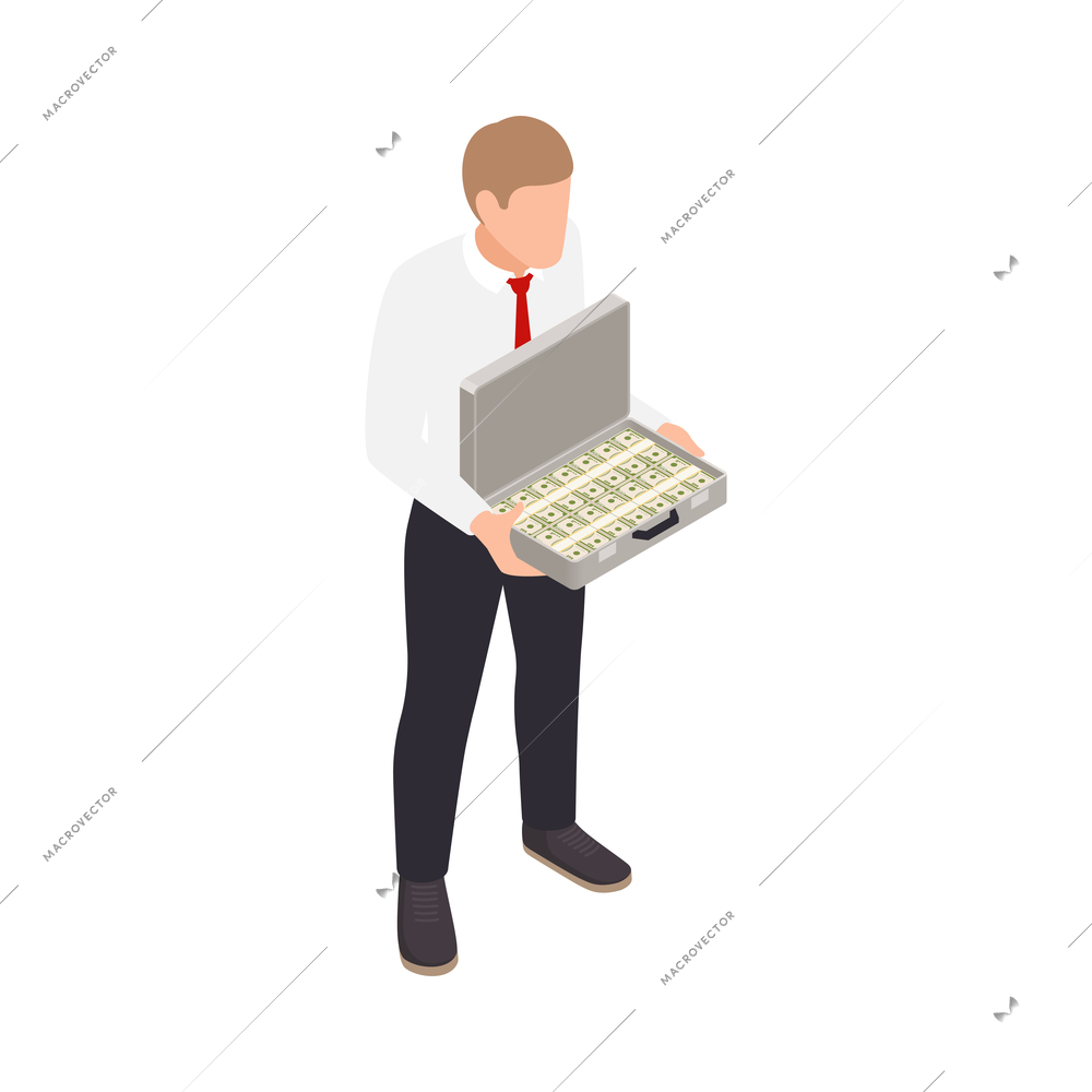 Wealth management isometric composition with male character of businessman holding case with cash vector illustration