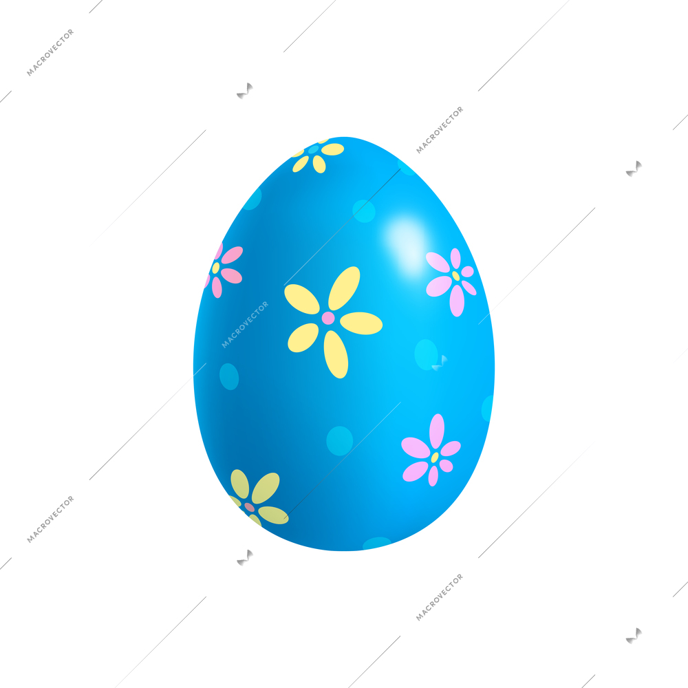 Easter egg realistic composition with isolated image of blue egg decorated with flower images vector illustration