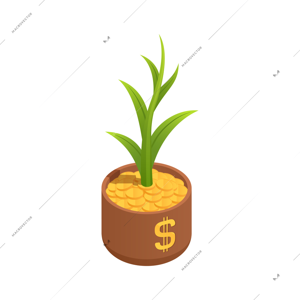 Wealth management isometric composition with isolated image of home plant with golden coins and green leaves in pot vector illustration