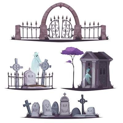 Old cemetery cartoon compositions with gravestones fence and ghosts isolated vector illustration