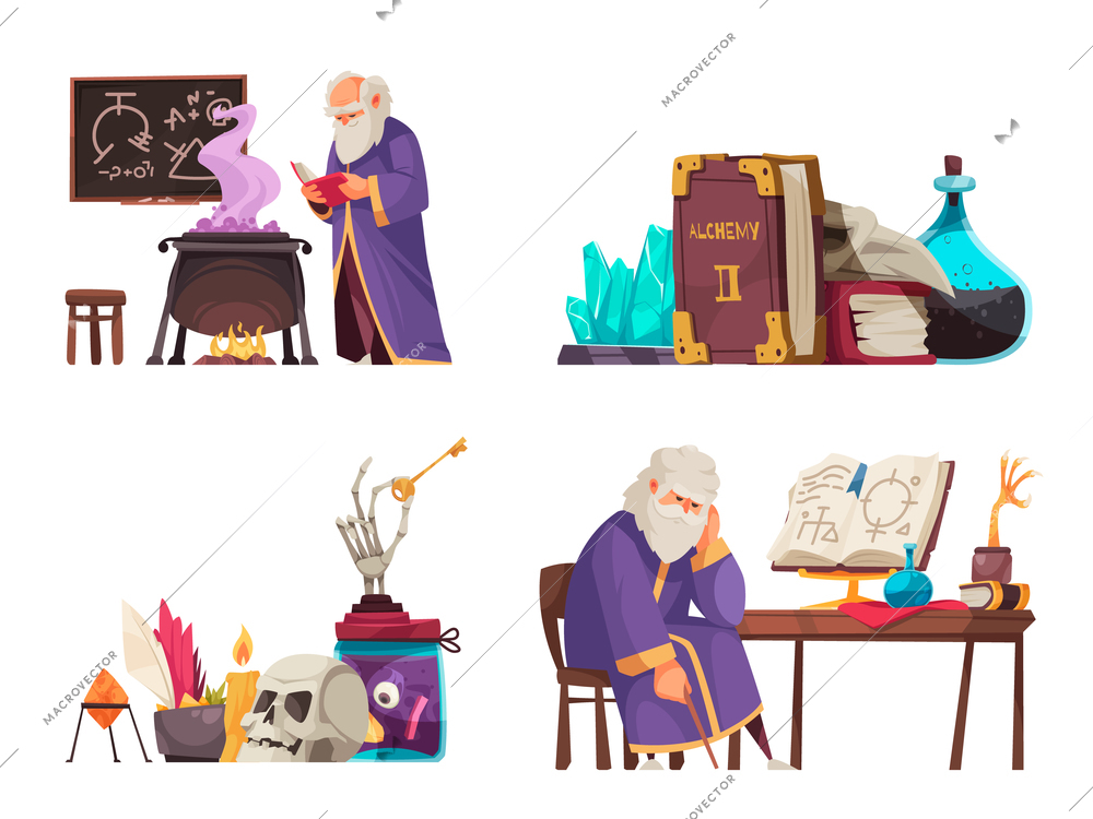 Cartoon alchemy compositions with various alchemical tools and old man making potions isolated vector illustration