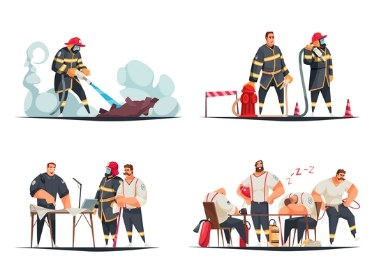 Cartoon set of compositions with male firefighters at work isolated on white background vector illustration