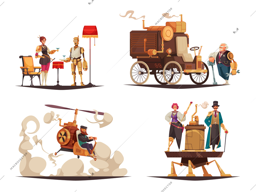 Four cartoon compositions with steampunk characters and vintage cars isolated on white background vector illustration