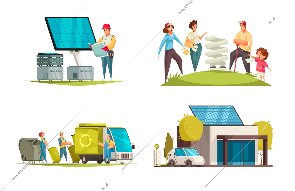 Green sustainable energy concept 4 flat compositions with solar panels spare lamps using upcycled materials vector illustration