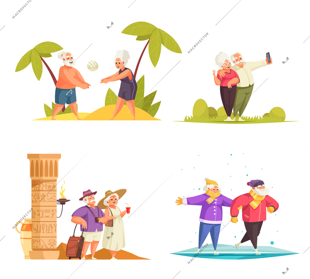 Old people physical activity concept 4 cartoon compositions with traveling skating playing beach volleyball couples vector illustration