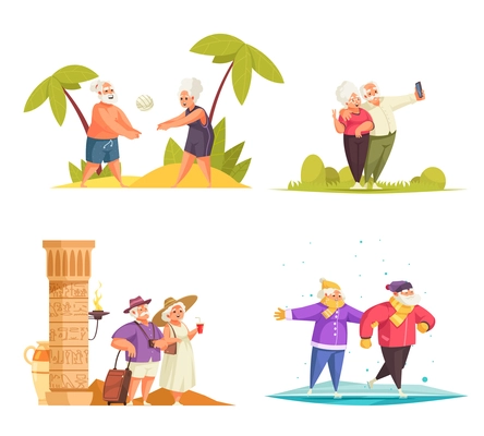 Old people physical activity concept 4 cartoon compositions with traveling skating playing beach volleyball couples vector illustration