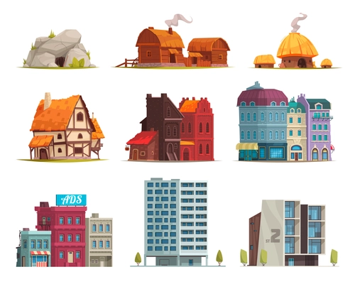 Architectural style evolution 9 housing images set from ancient stone age cave to modern buildings vector illustration