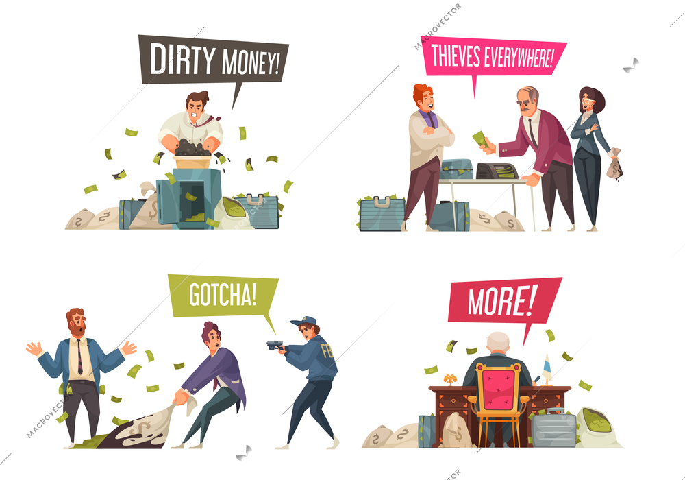 Dirty money gaining laundering illegal activities concept 4 funny cartoon compositions with theft corruption crimes vector illustration