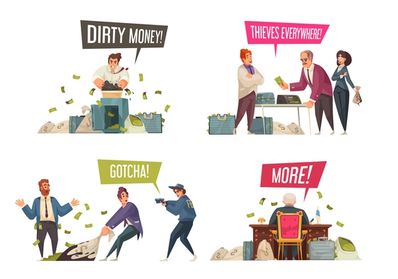 Dirty money gaining laundering illegal activities concept 4 funny cartoon compositions with theft corruption crimes vector illustration