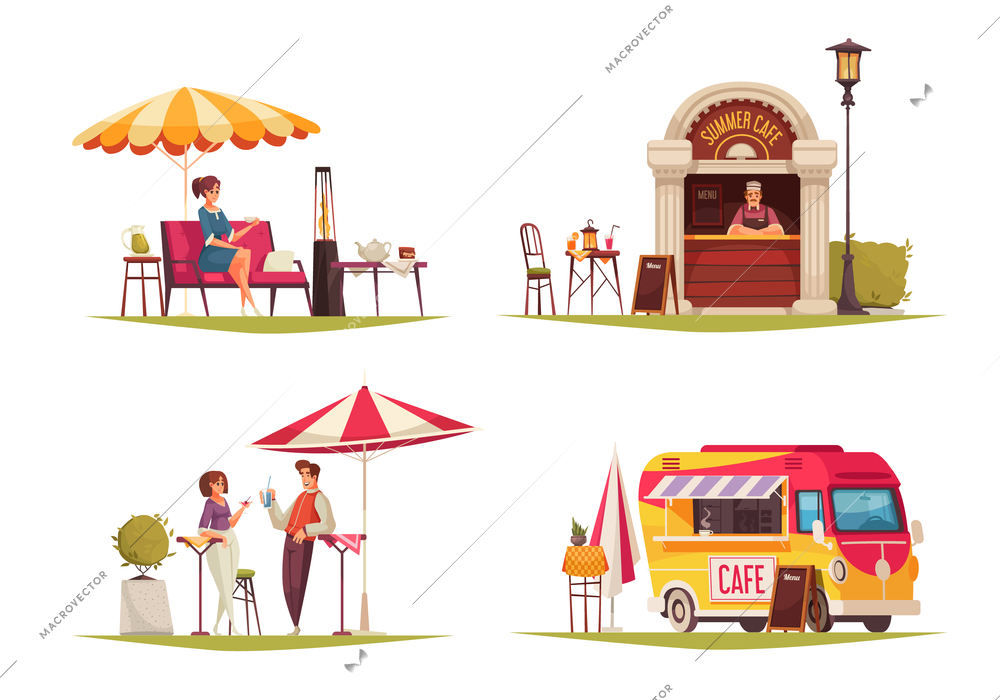 Street cafe 4 cartoon compositions with restaurant outdoor service umbrella parasol refreshing drinks desserts bus vector illustration