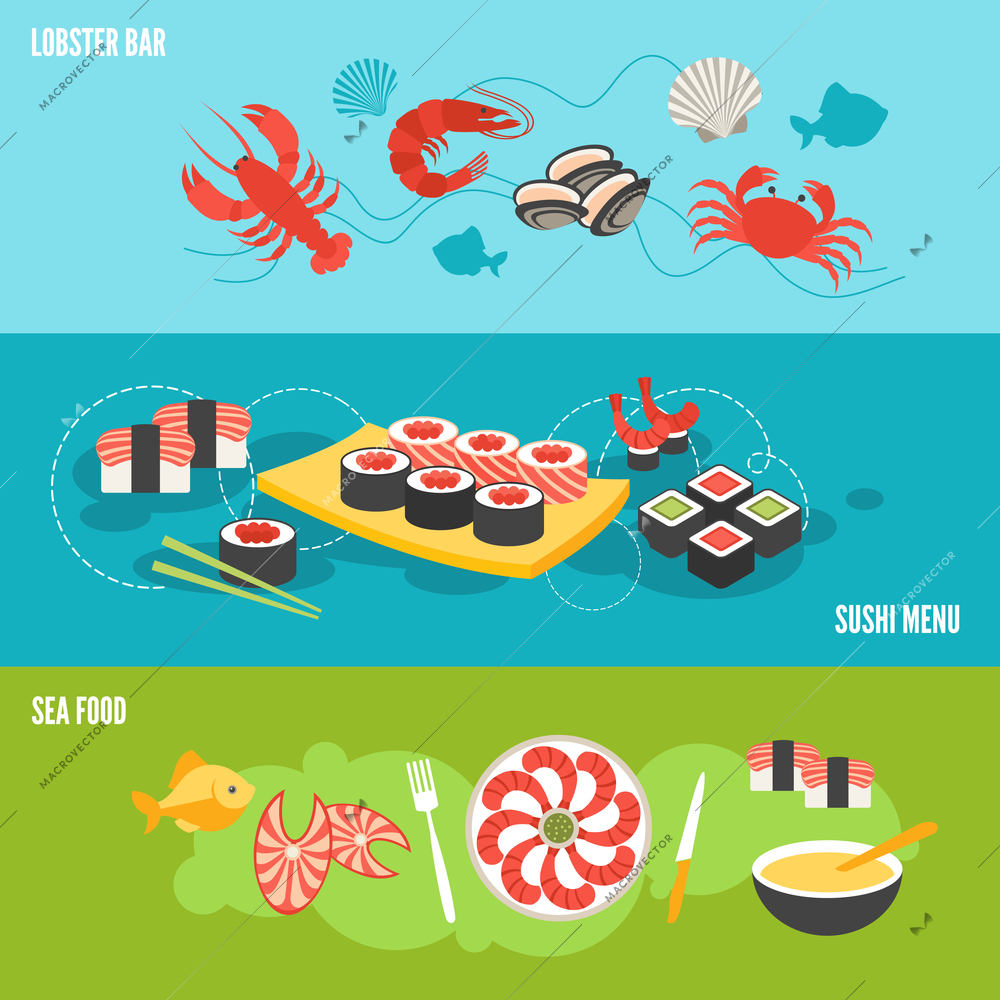 Seafood banner set with sea food lobster bar sushi menu isolated vector illustration
