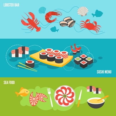 Seafood banner set with sea food lobster bar sushi menu isolated vector illustration