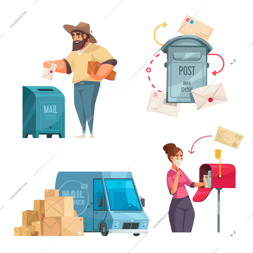 Post office 4 cartoon compositions dropping letter in mailbox postal service vehicle american style letterbox vector illustration