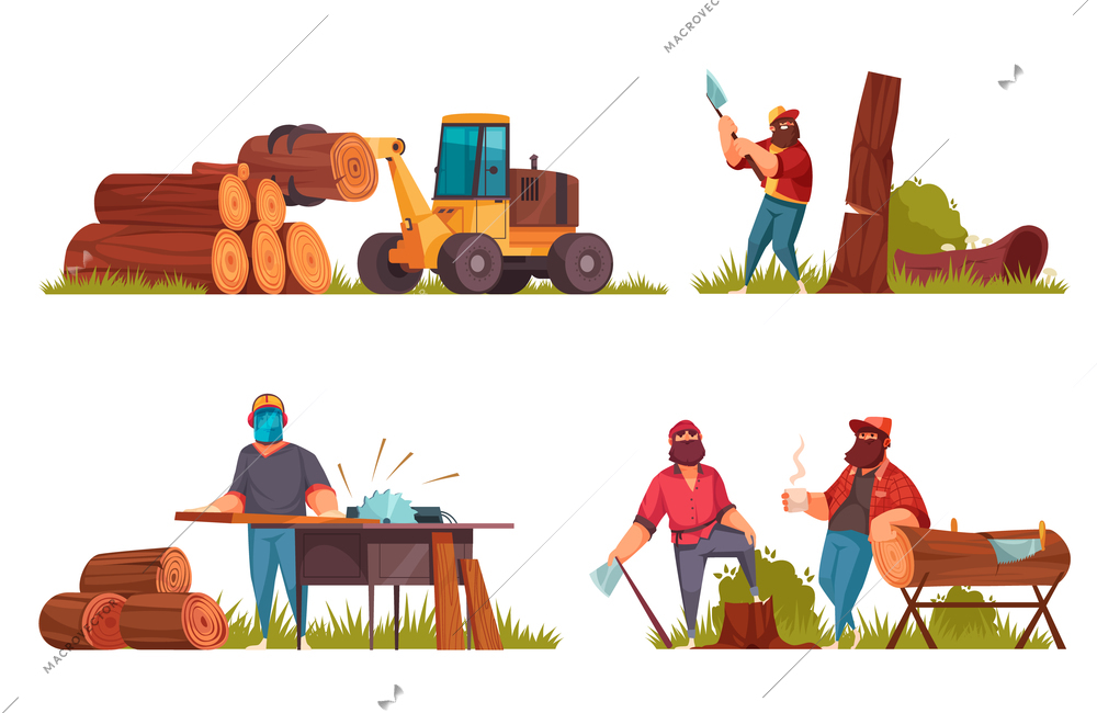 Lumberjack concept 4 cartoon compositions loggers felling tree with axes sawing wood log handling machinery vector illustration