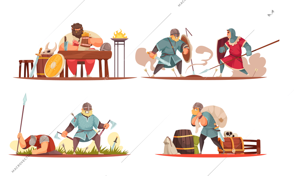 Vikings life concept eating meal fighting on battlefield carrying booty preserve food 4 cartoon compositions vector illustration