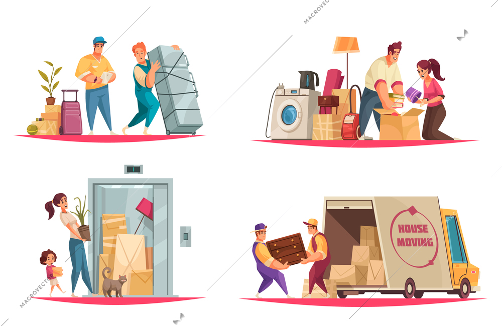 House moving service concept 4 cartoon compositions with movers packers carrying family belongings into van vector illustration