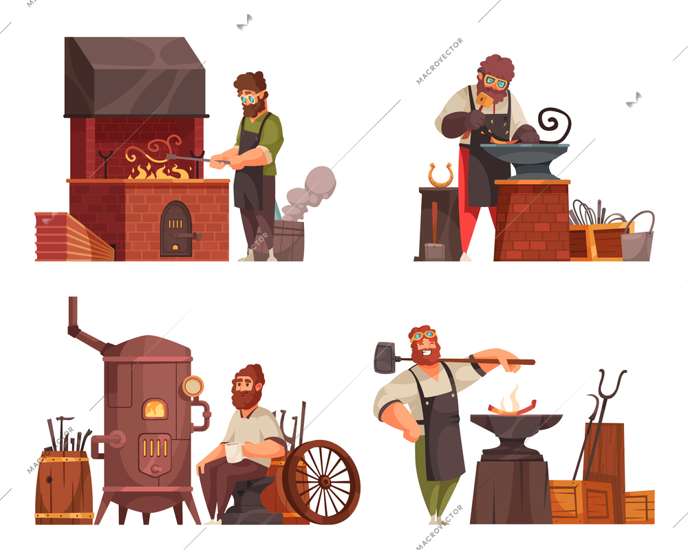 Traditional blacksmith workshop concept 4 cartoon compositions with forge anvil hammer chisel wrought iron objects vector illustration