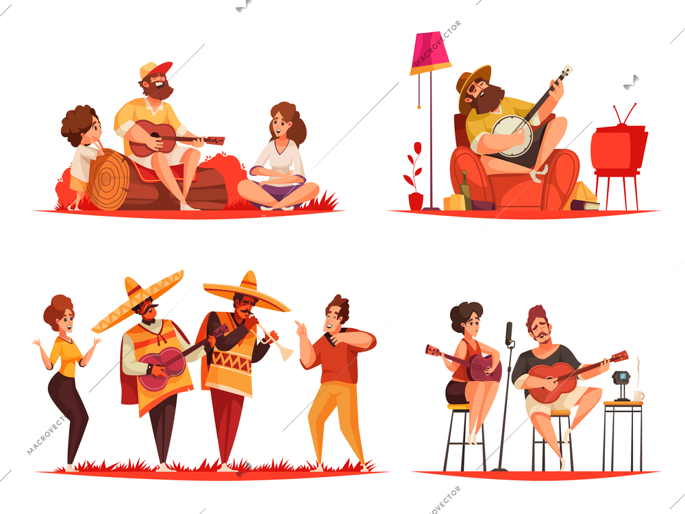 Set of four people playing guitar compositions with characters of musicians of different genre and culture vector illustration