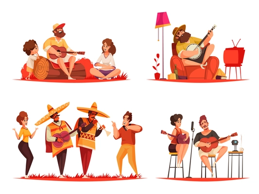 Set of four people playing guitar compositions with characters of musicians of different genre and culture vector illustration