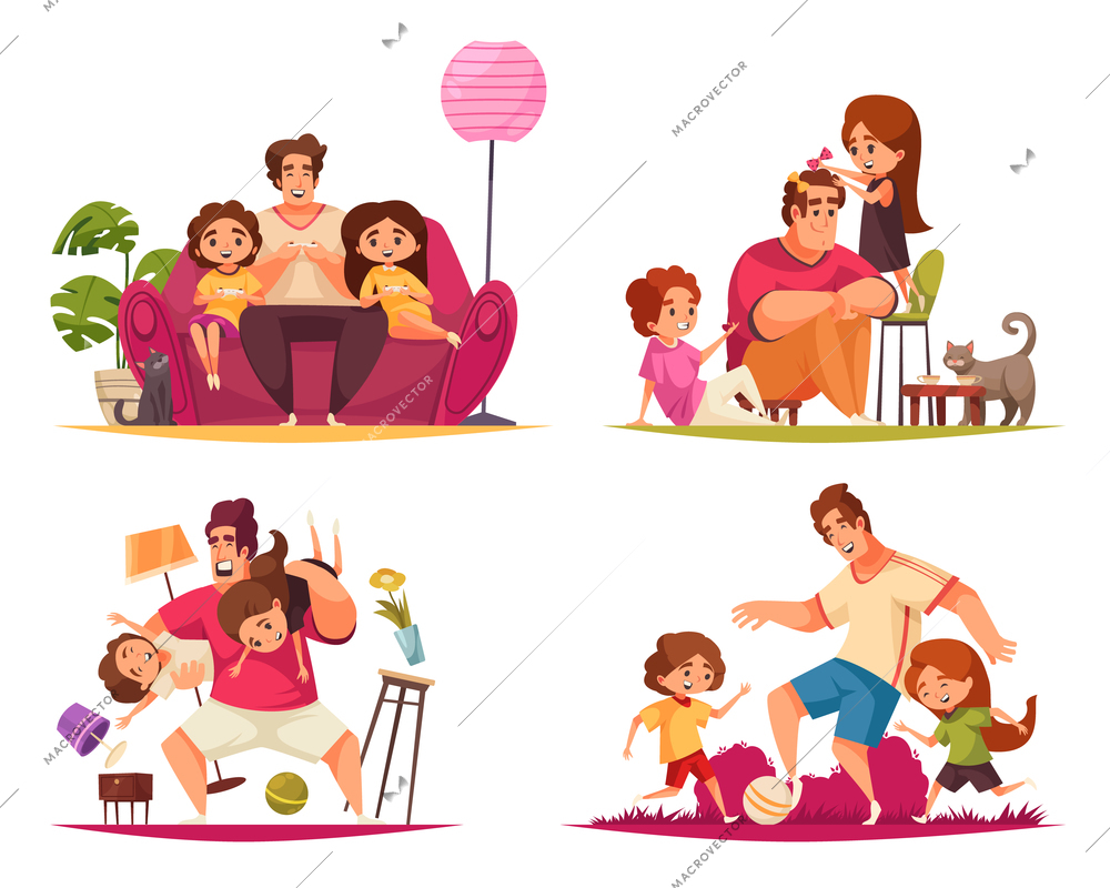 Set of four isolated compositions with doodle characters of adult male and children in various situations vector illustration
