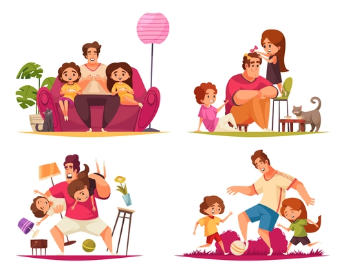 Set of four isolated compositions with doodle characters of adult male and children in various situations vector illustration