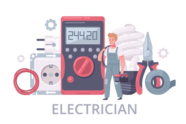 Electrician cartoon composition with male human character of handyman in uniform with tools and editable text vector illustration