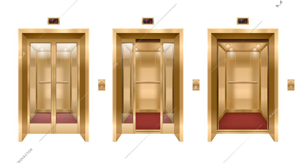 Elevator door realistic set of three images with golden side post and transparent elevator entrance doors vector illustration