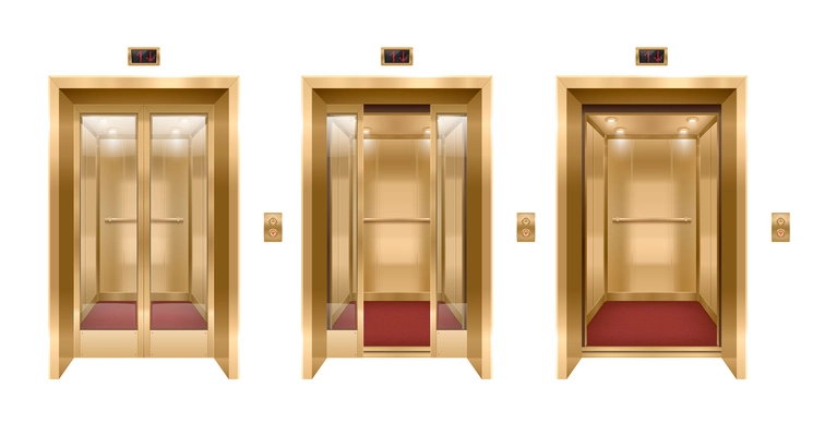 Elevator door realistic set of three images with golden side post and transparent elevator entrance doors vector illustration