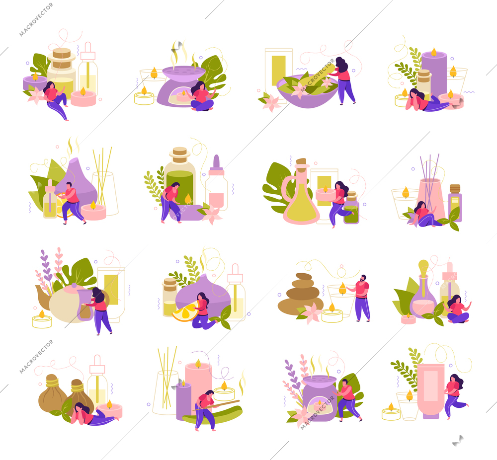 Wellness and body care 4x4 flat icons set of little people characters relaxing with ingredients for stone and aroma therapy isolated vector illustration